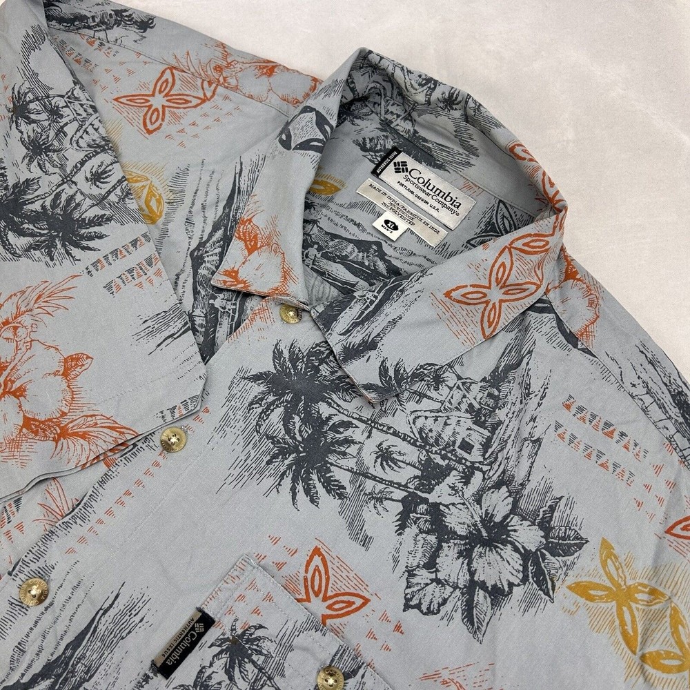 Columbia Men's Grey Blue Orange Flowers Viscose Blend Short Sleeve Shirt XL